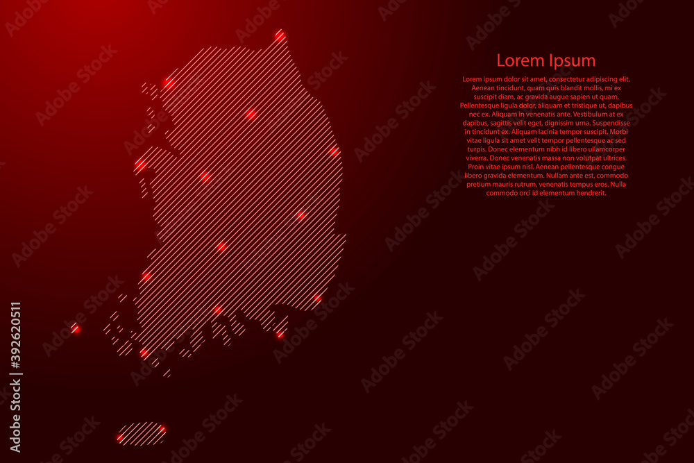 South Korea map from red pattern slanted parallel lines and glowing space stars grid. Vector illustration.