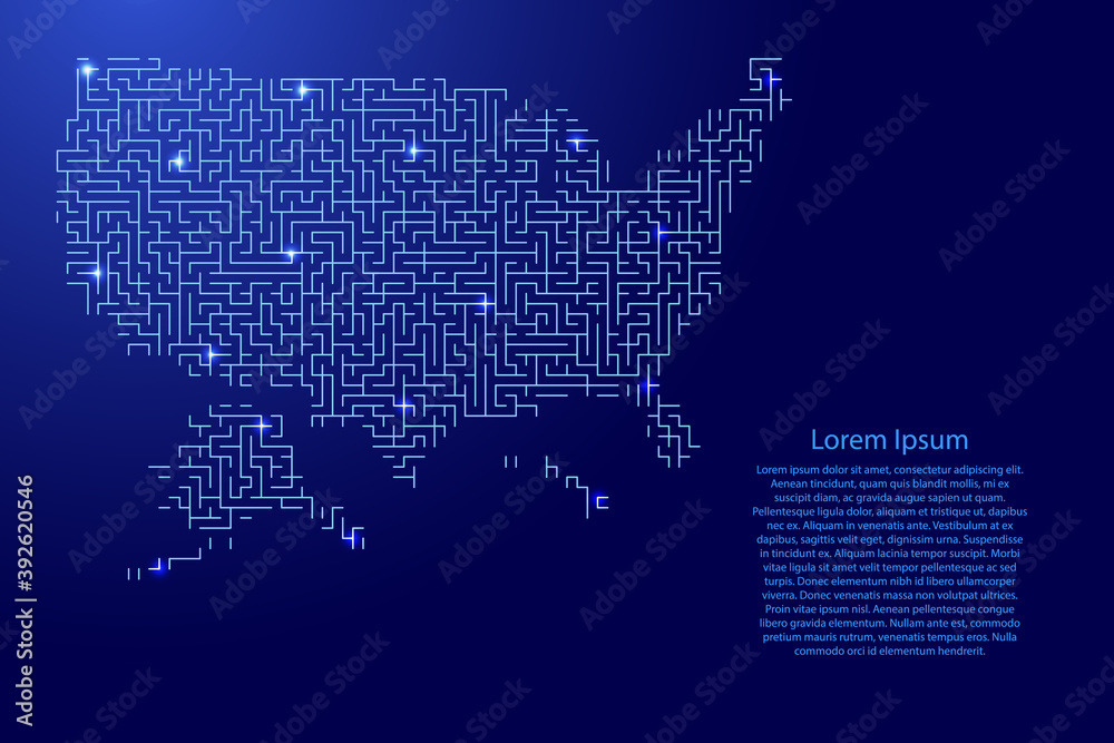 United States of America, USA map from blue pattern of the maze grid and glowing space stars grid. Vector illustration.