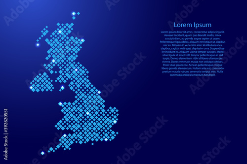 United Kingdom map from blue pattern rhombuses of different sizes and glowing space stars grid. Vector illustration.