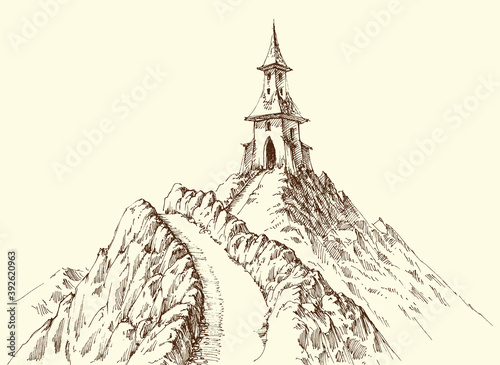 Watch tower on mountain peak hand drawing