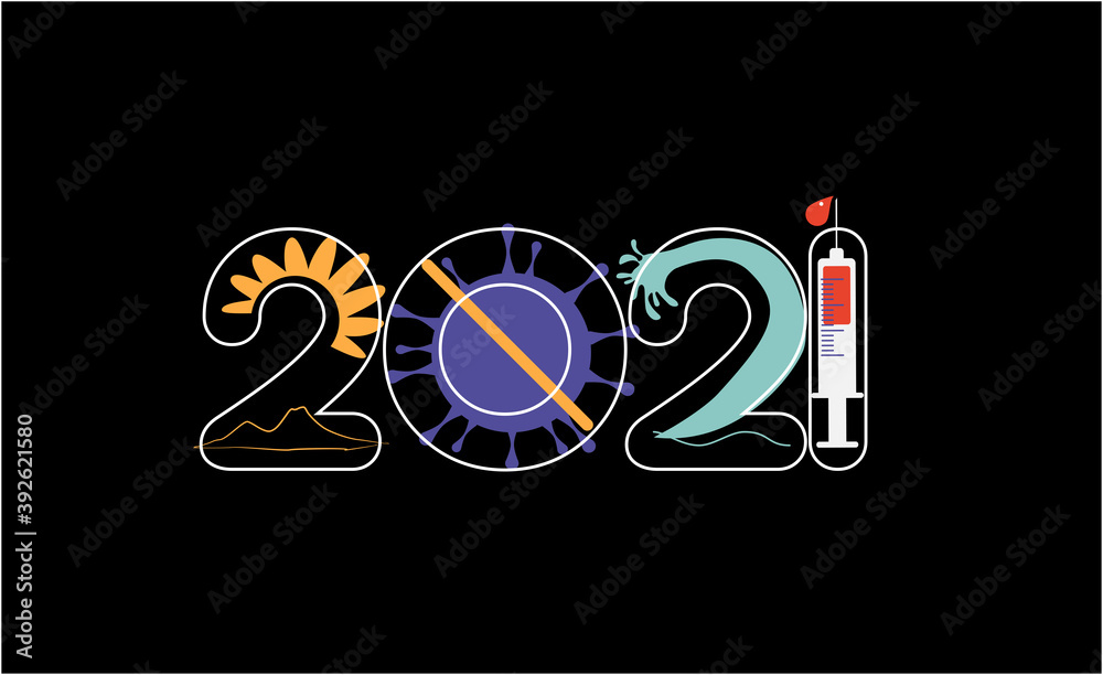 Fototapeta premium 2021 Happy New Year logo text design. 2021 number design template. Collection of 2021 happy new year symbols, vaccine against coronavirus, happy 2021 year. Vector illustration with black labels 