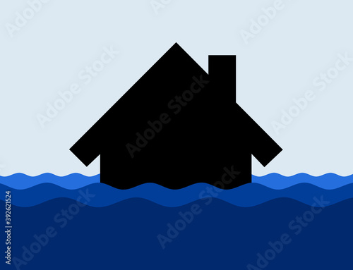 Family house is flooded by flooding and deluge. Natural disaster and catastrophe. Vector illustration of building and wave of water.