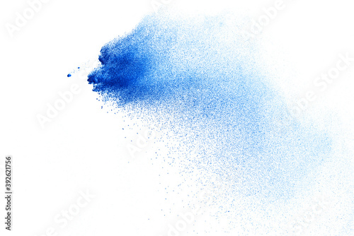 Blue powder explosion isolated on white  background.