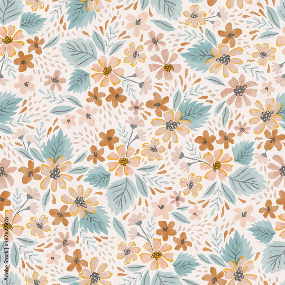 Floral seamless pattern. Watercolor small flowers background in pastel colors. Print for textile, home decor, wallpaper, gift wrap.