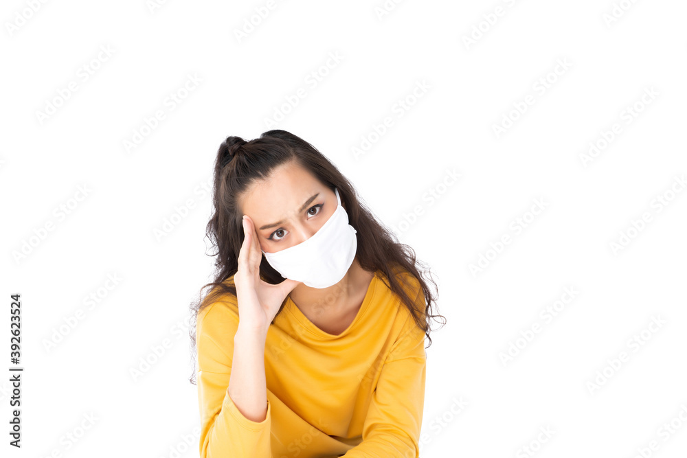 Stress Worry Asian woman wearing hygienic mask to prevent infection corona virus Air pollution pm2.5 she wearing a yellow sweater shoot in isolated on white background Stress Worry Asian woman wearing hygienic mask to prevent infection corona virus Air pollution pm2.5 she wearing a yellow sweater shoot in isolated on white background