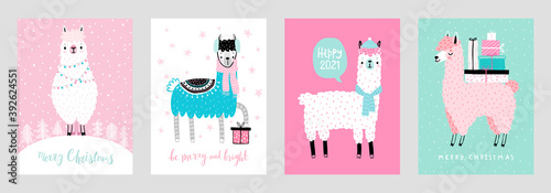 Christmas cards with Cute Llamas celebrating Christmas eve, handwritten letterings and other elements.