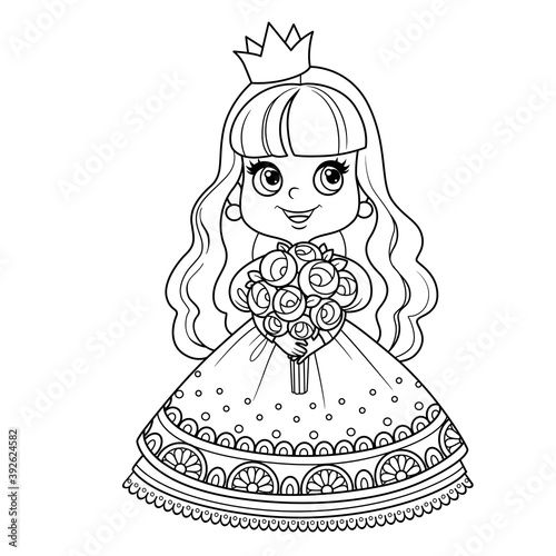 Cute princess in lush dress holding a bouquet of roses in hands outlined for coloring book