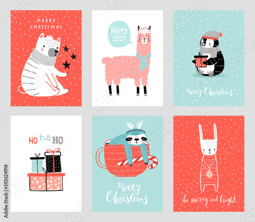 Cute Christmas cards with animals celebrating Christmas eve, handwritten letterings and oyher elements. Funny characters. photo