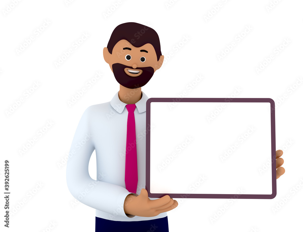 Cute man is holding a blank poster, placard or banner. Empty sheet for advertising or demonstration. 3d render illustration.