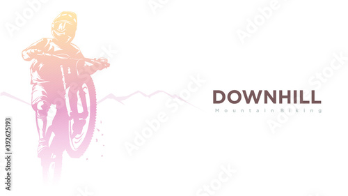 big mtb rider jump silhouette in modern vivid color stlye. down hill text and copy space vector illustration