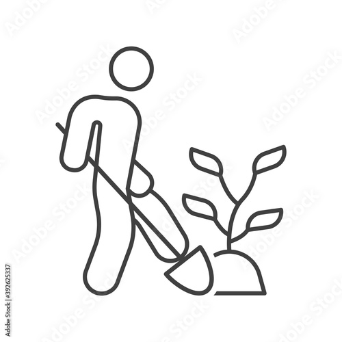 Icon of the person who transplants the plant. Simple linear image of a man with a shovel who is digging a plant. Isolated vector on white background.