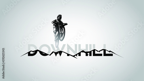 mbt biker jump over big down hill text and mountain vector illustration photo