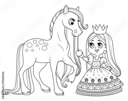 Cute cartoon princess feed a horse an apple outlined for coloring book