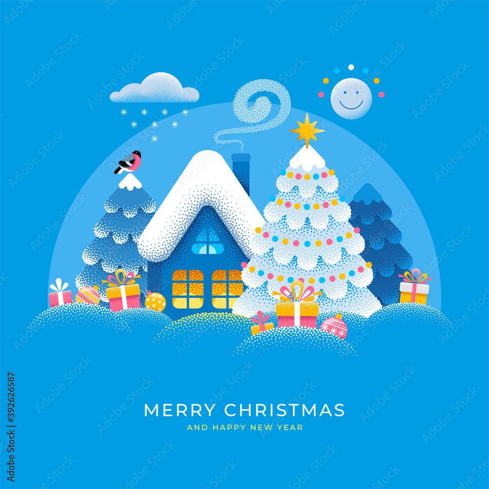 Merry Christmas and Happy New Year greeting card. Cute Xmas story, magic winter snowy landscape with house and spruces. Unusual bright design with dot texture. Easy to use and customisable. Vector.