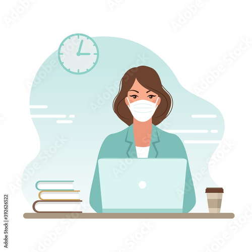 A woman in a medical mask works on a laptop. Businessman. Protection of office employees in an epidemic. Vector illustration design isolated on white background.