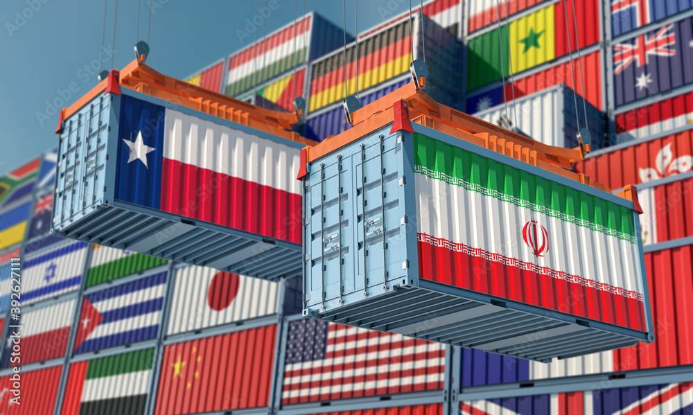 Freight containers with Texas and Iran flags. 3D Rendering 