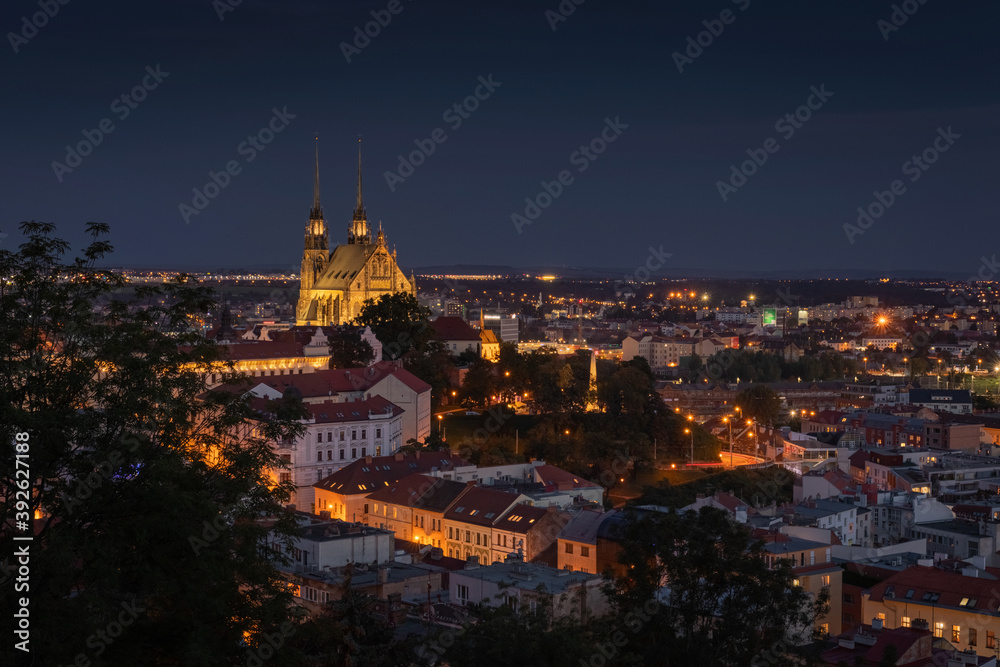 Night view on City of Brno and Cathedral of St. Peter and Paul. Czech Republic - Europe.