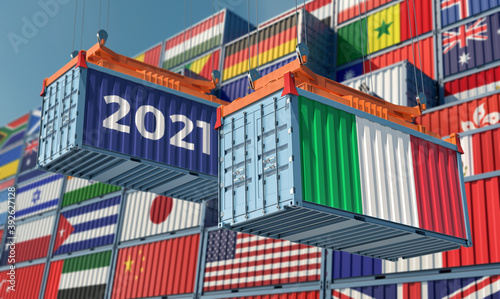 Trading 2021. Freight container with Italy flag. 3D Rendering © Marius Faust