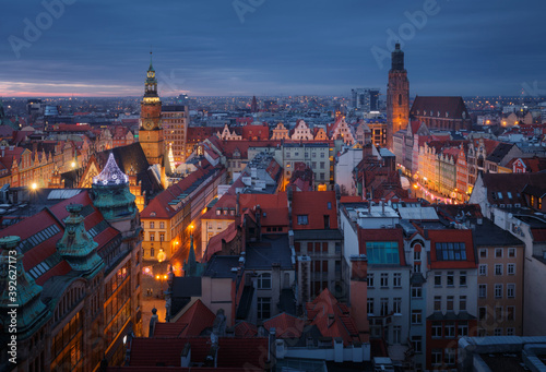 Aerial panorama of illuminated old town part of Wroclaw after the sunset. Poland (ID: 392627173)
