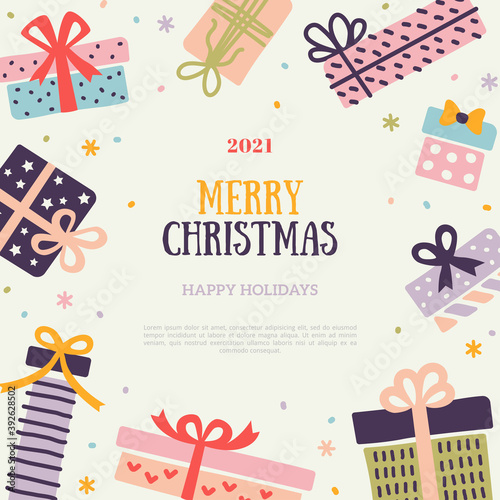 Merry Christmas and New Year card. Hand Drawn Pastel Doodle Gift Boxes. Vector illustration. Design for poster, party invitation, brochure or flyer template. Square banner with birthday presents