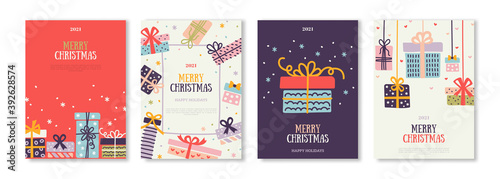 Merry Christmas and New Year cards. Hand Drawn Doodle Gift Boxes. Vector illustration. Design for poster, party invitation, brochure or flyer template with birthday presents.