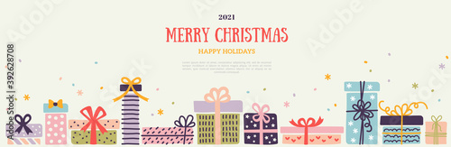 Christmas and New Year 2021 horizontal banner, border with colorful pastel ornate gift boxes and snow confetti on white background. Vector illustration. Place for text. Party brochure template