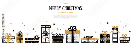 Christmas and New Year 2021 horizontal banner, card with gold ornate gift boxes and confetti on white background. Vector illustration. Place for text. Party brochure template