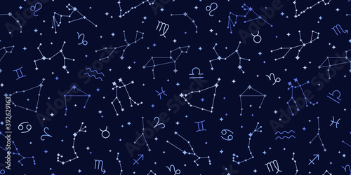 Seamless pattern of blue zodiac signs. Vector illustration. Capricorn, Aries, Leo astrological symbols. Connected glowing stars on night sky map background. Libra, Virgo, Gemini on space backdrop photo