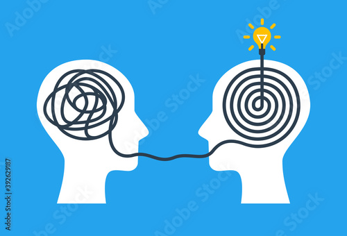 Concept of psychotherapy, brainstorming and mental problem solving. Vector illustration. Brain with tangled knot and order in man head. Simplifying the complex path. Light bulb idea and scribbles.