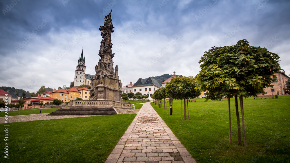 The baroque Holy Trinity plague column in central square of Kremnica,