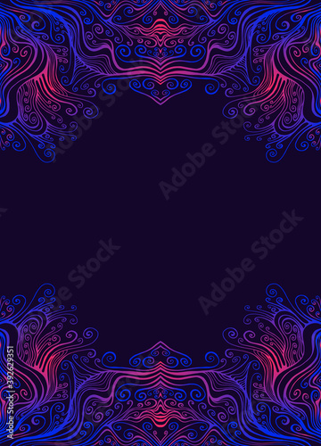 Bright decorative abstract psychedelic frame with graceful ornament of many curls,waves and place for text
