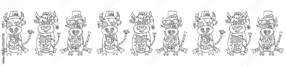 Christmas horizontal border with the symbol of 2021. Horizontal frieze with bulls in the steampunk style.Christmas and new year background in steampunk style. Vector black and white linear background. Christmas horizontal border with the symbol of 2021. Horizontal frieze with bulls in the steampunk style.Christmas and new year background in steampunk style. Vector black and white linear background.
