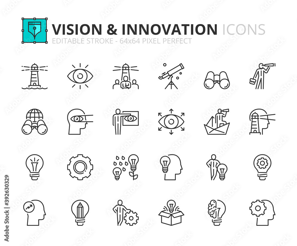 Simple set of outline icons about vision and innovation. Business concepts - obrazy, fototapety, plakaty 