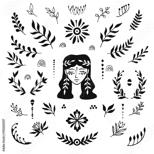 Woman's face and leaves. Hand drawn. Design elements, tattoos, stickers. Illustration on the theme of beauty salon, massage, cosmetics, Spa. Vector illustration isolated on a white background