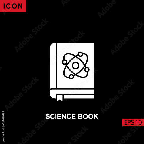 Icon science book with atom nuclear. Filled, glyph or flat vector icon symbol sign collection