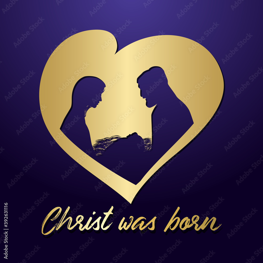 Christmas scene of baby Jesus in the manger with Mary and Joseph in gold heart. Christian Nativity with lettering brushing text Christ was born. Blue banner. Isolated abstract graphic design template.