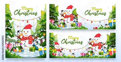 Merry Christmas snowman and penguin in the winter pine forest vector illustration template with various size