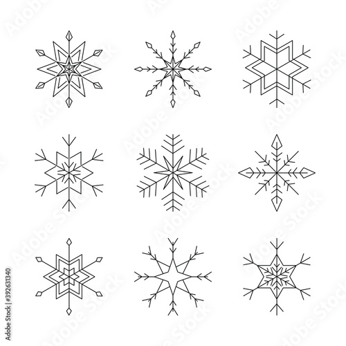Snowflake vector outline icon set. Christmas and New Year concept. Line art Vector illustration.