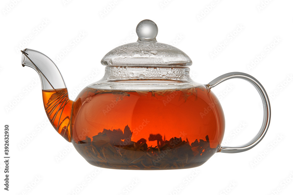Teapot with black tea isolated on white background Teapot with black tea isolated on white background