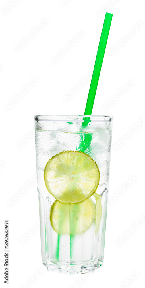 side view of gin and tonic cocktail in highball glass with two slices of lime, ice and green plastic straw isolated on white background side view of gin and tonic cocktail in highball glass with two slices of lime, ice and green plastic straw isolated on white background