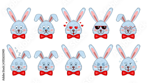 Set cute heads bunnies, rabbits isolated white background. Faces emoticons front view. Flat cartoon style vector illustration.