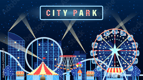Panorama of the Amusement city park lights up at night. Flat cartoon style vector illustration.