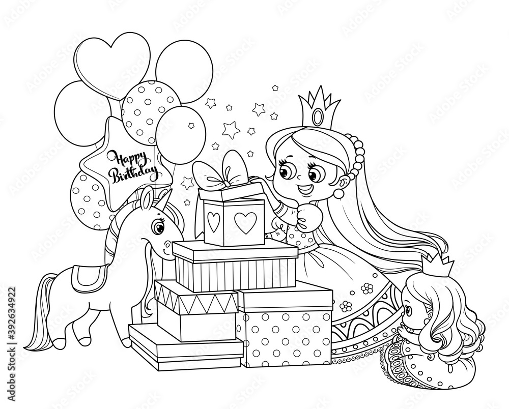 Fototapeta premium Cute blond princess opens birthday gifts outlined for coloring book