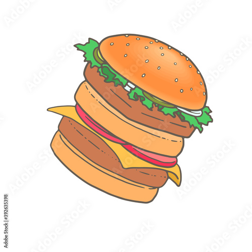 ジャンクフードのイラスト、ハンバーガー、カラー