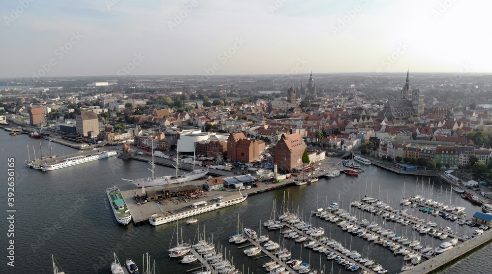 Evening drone shot from Stralsund, Northern Germany, Summer 2019