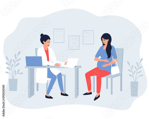 Pregnant woman at the obstetrician-gynecologist appointment. An doctor conducts a conversation before the examination in order to draw up an extended anamnesis. Flat vector illustration.
