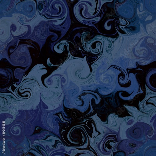 Dark blue swirls in paper marbling technics. Abstract Seamless pattern of spirals of different shapes and sizes in night colors. Ebru imitation for textile print, wrapping and digital paper