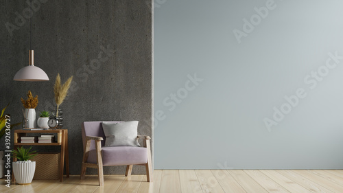 Fototapeta Naklejka Na Ścianę i Meble -  The interior has a armchair on empty dark wall background