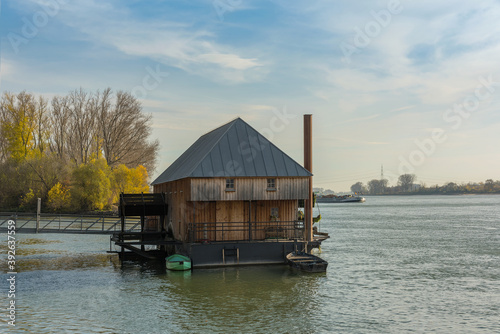 historic rhine river ship mill ginsheim, Hessen, Germany