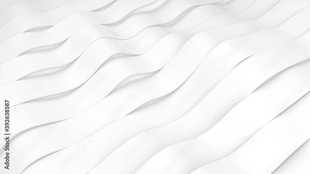 White stripes waves surface. Deformed bands surface with soft light. Modern bright backdrop template in minimalistic style. 3D Render Illustration White stripes waves surface. Deformed bands surface with soft light. Modern bright backdrop template in minimalistic style. 3D Render Illustration
